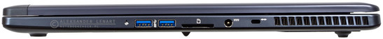 prawy bok: Battery Reset Hole (resetowanie spinaczem do papieru), 2 USB 3.0 (SuperSpeed), czytnik kart pamięci, gniazdo zasilania, gniazdo blokady Kensingtona, wylot powietrza