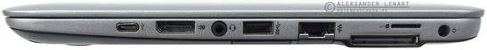 prawy bok: USB 3.1 typu C, DisplayPort, gniazdo audio, czytnik kart pamięci, USB 3.0, LAN, gniazdo stacji dokującej, miejsce na kartę SIM, gniazdo zasilania