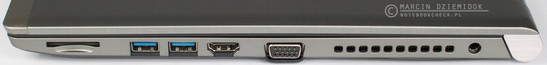 prawy bok: czytnik kart pamięci, dwa USB 3.0, HDMI, VGA/D-Sub, kratki wylotu układu chłodzenia, gniazdo zasilania