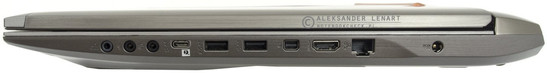 prawy bok: trzy gniazda audio, USB 3.1 typu C (z Thunderbolt 3), dwa USB 3.0, mini DisplayPort, HDMI, LAN, gniazdo zasilania