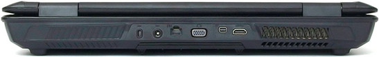 tył: gniazdo blokady Kensingtona, gniazdo zasilania, LAN, VGA, mini DisplayPort, HDMI, otwory wentylacyjne