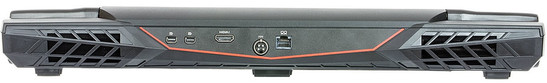 tył: otwory wentylacyjne, 2 złącza mini DisplayPort 1.2, HDMI 1.4, gniazdo zasilania, LAN, otwory wentylacyjne