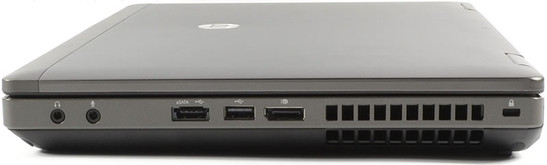prawy bok: 2 gniazda audio, eSATA/USB 2.0, USB 2.0, DisplayPort, wylot powietrza z układu chłodzenia, gniazdo blokady Kensingtona