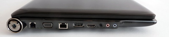 lewy bok: gniazdo zasilania, modem, VGA, LAN, USB/eSATA combo, HDMI, złącza audio, ExpressCard