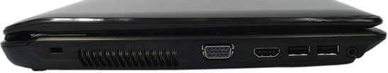 lewy bok: wejście/wyjście audio w jednym, 2x USB 2.0, HDMI, VGA/D-Sub, szczeliny układu chłodzenia, gniazdo blokady Kensingtona