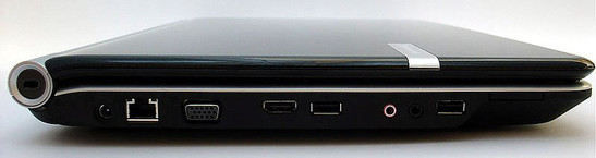 lewy bok: blokada Kensingtona, gniazdo zasilania, LAN, D-Sub/VGA, HDMI, USB, 2x audio, USB, czytnik kart