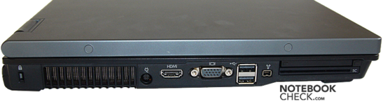lewy bok: blokada Kensingtona, wylot wentylatora, gniazdo zasilania, HDMI, VGA, 2x USB, FireWire, PCCard, SmartCard