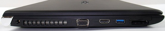 lewy bok: gniazdo zasilania, szczeliny układu chłodzenia, VGA, HDMI, USB 3.0, zaślepka brakującego gniazda ExpressCard/34, czytnik kart