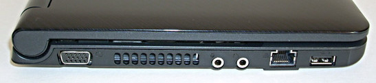 lewy bok: VGA, wylot układu chłodzenia, złącza audio, RJ45, USB