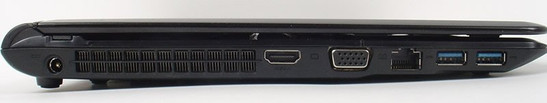 lewy bok: gniazdo zasilania, szczeliny układu chłodzenia, HDMI, VGA, LAN, 2x USB 3.0
