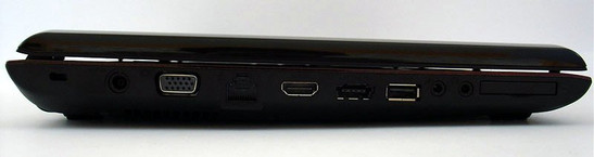 lewy bok: blokada Kensingtona, gniazdo zasilania, VGA/D-Sub, LAN, HDMI, eSATA, USB, 2x audio, ExpressCard/34
