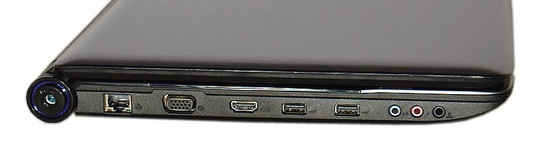 lewy bok: 3x gniazda audio, 2x USB, HDMI, D-Sub/VGA, LAN, gniazdo zasilania