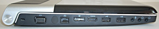 lewy bok: złącze blokady Kensingtona, VGA, złącze tunera DVB-T, RJ45, DisplayPort, HDMI, 2x USB, złącze mikrofonu, 2x złącze słuchawkowe