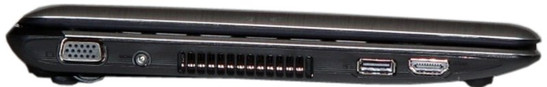 lewy bok: VGA, gniazdo zasilania, otwory wentylacyjne, USB, HDMI