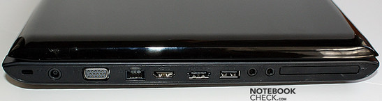 lewy bok: blokada Kensingtona, gniazdo zasilania, VGA, LAN, HDMI, e-SATA, USB, wejście mikrofonowe, wyjście słuchawkowe, ExpressCard