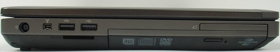 lewy bok: gniazdo zasilania, FireWire, 2x USB 2.0, czytnik kart pamięci, ExpressCard/54, napęd optyczny