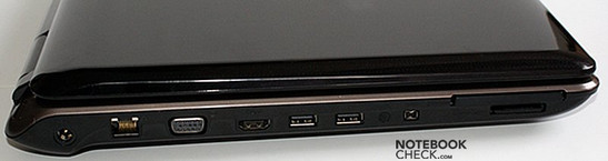 lewy bok: gniazdo zasilania, LAN, VGA, HDMI, 2x USB, zaślepka gniazda antenowego, FireWire, ExpressCard, czytnik kart