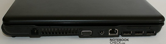 lewy bok: modem, wylot wentylacji, VGA, gniazdo zasilania, LAN, 3x USB