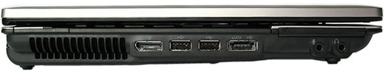 lewy bok: wylot wentylacji, DisplayPort, 2x USB, eSATA/USB, ExpressCard, gniazda audio
