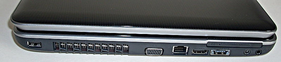 lewy bok: USB, wylot wentylacji, VGA, LAN, HDMI, ExpressCard, eSATA/USB, gniazda audio