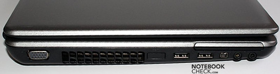 lewy bok: VGA, wylot wentylatora, 2x USB, FireWire, wejście mikrofonowe, wyjście słuchawkowe