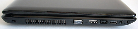 lewy bok: blokada Kensingtona, wylot wentylacji, VGA, HDMI, 2x USB, wejście mikrofonowe, wyjście słuchawkowe
