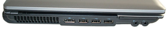 lewy bok: wylot układu chłodzenia, DisplayPort, 3x USB, ExpressCard/54, wejście mikrofonowe, wyjście słuchawkowe