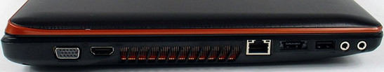 lewy bok: VGA, HDMI, szczeliny układu chłodzenia, LAN, eSATA/USB 2.0, USB 2.0, 2x audio