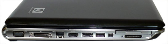 lewy bok: bok: VGA, złącze stacji dokującej, RJ45, HDMI, USB/eSATA, USB, FireWire, czytnik kart, ExpressCard