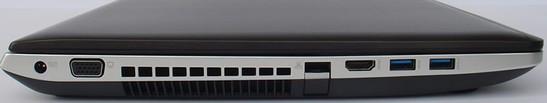 lewy bok: gniazdo zasilania, VGA/D-Sub, szczeliny wentylacyjne, LAN, HDMI, 2x USB 3.0