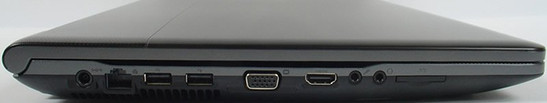 lewy bok: gniazdo zasilania, LAN, 2x USB 2.0, VGA, HDMI, 2x audio, czytnik kart pamięci