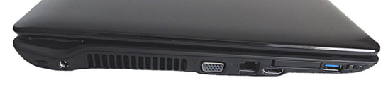 lewy bok: blokada Kensingtona, gniazdo zasilania, wylot układu chłodzenia, VGA, RJ45, HDMI, ExpressCard/34, USB 3.0, przełącznik karty WLAN