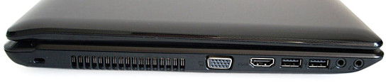 lewy bok: blokada Kensingtona, wylot wentylacji, VGA, HDMI, 2x USB, wejście mikrofonowe, wyjście słuchawkowe