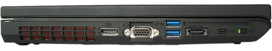 lewy bok: DispalyPort, VGA, 2x USB 3.0, eSATA/USB, FireWire, przełącznik sieci bezprzewodowych