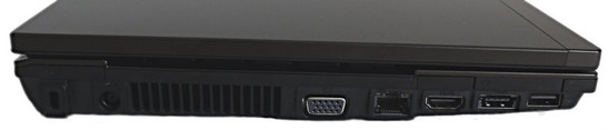 lewy bok: blokada Kensingtona, gniazdo zasilania, wylot wentylacji, VGA, RJ45, HDMI, eSATA, USB