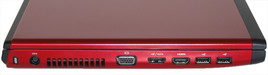 lewy bok: blokada Kensingtona, gniazdo zasilania, wylot wentylacji, VGA, eSATA/USB, HDMI, 2x USB