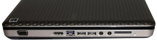 lewy bok: wylot wentylacji, VGA, HDMI, LAN, 2x USB, złącza audio, czytnik kart