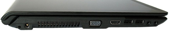lewy bok: gniazdo zasilania, kratka wentylacyjna, VGA, HDMI, 2x USB, wejście mikrofonowe, wyjście słuchawkowe