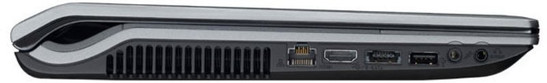 lewy bok: wylot układu chłodzenia, LAN, HDMI, eSATA/USB, USB 2.0, wejście mikrofonowe, wyjście słuchawkowe