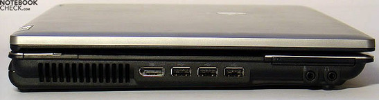 lewy bok: wylot wentylatora, DisplayPort, 3x USB, ExpressCard, złącza audio