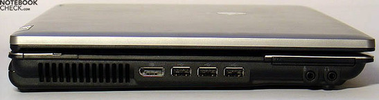 lewy bok: wylot wentylatora, DisplayPort, 3x USB, ExpressCard, złącza audio