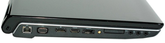 lewy bok: blokada Kensingtona, LAN, VGA, DisplayPort, HDMI, eSATA/USB, gniazdo antenowe, ExpressCard/34, wejście mikrofonowe, 2x wyjście słuchawkowe