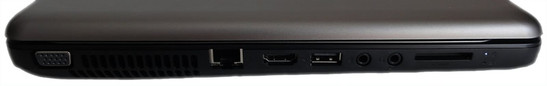 lewy bok: VGA, wylot powietrza z układu chłodzenia, LAN, HDMI, USB 2.0, złącza audio, czytnik kart, kontrolki stanu zasilania i HDD