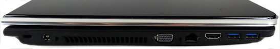 lewy bok: złącze blokady Kensingtona, gniazdo zasilania, wylot układu chłodzenia, VGA, RJ45, HDMI, 2x USB 3.0