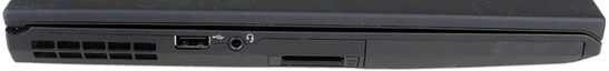 lewy bok: otwory wentylacyjne, USB 2.0, złącze audio, czytnik kart pamięci (zamiast opcjonalnego gniazda ExpressCard/34), osłona zatoki dysku twardego