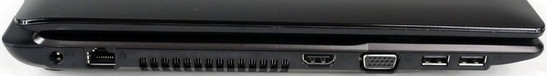 lewy bok: gniazdo zasilania, RJ45, wylot układu chłodzenia, HDMI, VGA, 2x USB 2.0