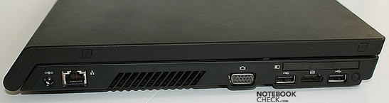 lewy bok: gniazdo zasilania, LAN, wylot wentylatora, VGA, ExpressCard, USB, HDMI, USB