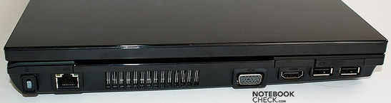 lewy bok: blokada Kensingtona, LAN, wylot wentylacji, VGA/D-Sub, HDMI, ExpressCard/34, 2x USB