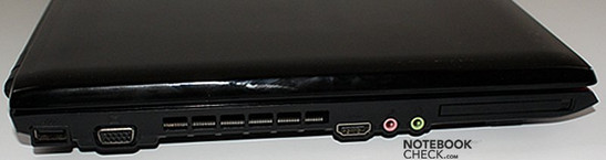 lewy bok: USB, VGA, wylot wentylatora, HDMI, wejście mikrofonowe, wyjście słuchawkowe, ExpressCard