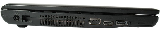 lewy bok: gniazdo zasilania, LAN, VGA, HDMI, eSATA/USB 2.0, ExpressCard/34